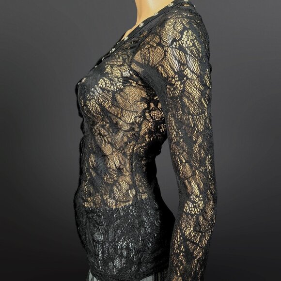 Y2K Black Lace Gothic Fairy Top Size S V Neck Semi Sheer Snap Buttons Whimsigoth - Picture 5 of 7